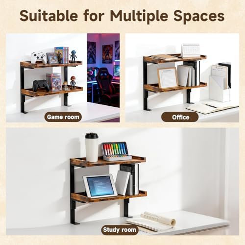 Clamp on Desk Shelf,2-Tier Office Desk Shelves Organizer, Expandable Under Desktop Storage,Wood Desktop Storage Rack for Home Workspace, Study Rooms,Gaming Devices (Brown) - Image 7