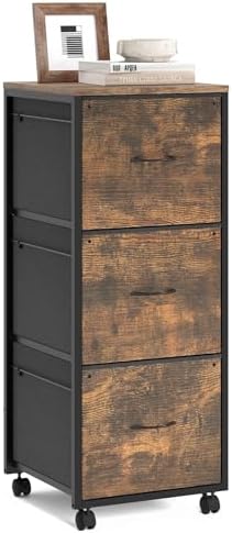 VINGLI 3 Drawer File Cabinet 34.8” Height, Rolling File Cabinet Mobile Tall File Cabinet with Wheels, Fabric Drawers Printer Stand for Home Office, Fits Letter Size, Rustic Brown by VINGLI