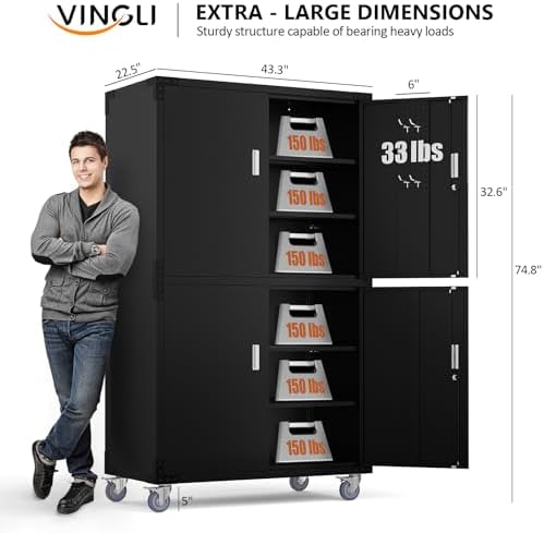VINGLI Large Garage Storage Cabinet with 4 Doors, Upgraded Height & Wide & Deep, 43''W x 23''D x 75''H, Oversized Metal Storage Cabinet with Pegboards Wheels Locks and Adjustable Shelves (Black) - Image 7