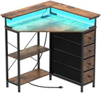 VENNQD Corner Desk with Drawers Shelves for Small Space 90 Degrees Triangle Computer Desk with Power Outlets,Gaming Desk with LED Lights Monitor Stand for Home Office Workstation Writing Table (Brown) by VENNQD