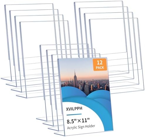 8.5x11 Clear Acrylic Sign Holders (12 Pack), Vertical L-Shaped Tabletop Stands for Menus, Office Documents & Restaurant Signs by Unknown