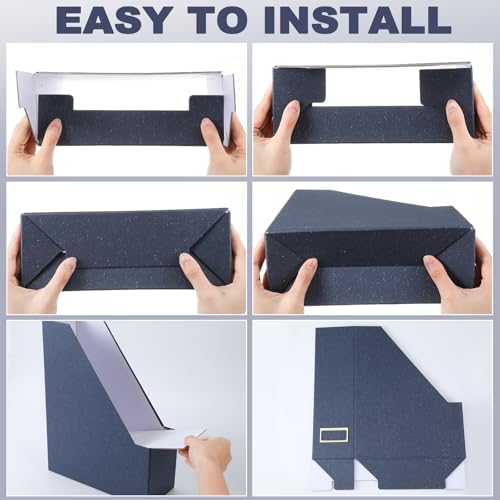 Gueevin Set of 6 Magazine File Holders, Sturdy Cardboard Desk Magazine Organizer with Gold Label Slots, Foldable File Folder Rack for Home Office Classroom Library(Blue) - Image 4