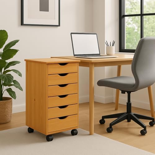 Jela-USA Solid Pine Wood 6 Drawer Rolling Cart, Honey Pine - Image 7