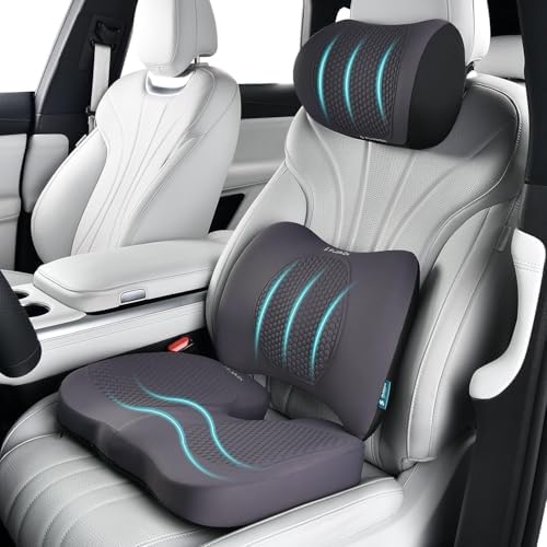 FLORICH 3 PCS Seat Cushion for Carseat Lumbar Support Pillow Car Neck Headrest Pillows Memory Foam Gel Memory Foam Massage Point Seat Pads Pressure Relief Back Cushion for Office Chair(Light Grey) by FLORICH