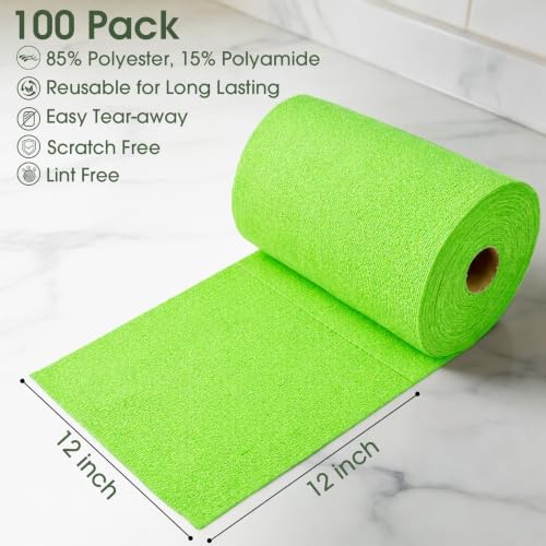 Reusable Microfiber Cleaning Cloth Roll - 100 Pack, 12"x12" Washable Tear-Away Paper Towels, Lint-Free & Streak-Free Rags for Kitchen, Glass, Cars, Electronics, Workshop and Garage(Neon Green) - Image 2