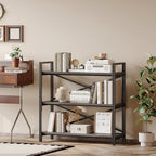 Homeiju 3 Tier Bookshelf 31.49" Width, Wood and Metal Etagere Bookcase, Vintage Farmhouse Modern Wooden Big Book Shelf for Home Living Room Bedroom Office Storage(Grey) - Image 6
