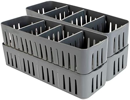 Simplify 2 Pack 4 Compartment Stackable Bin with Adjustable Dividers | Drawer Organizer | Storage Basket | Good for Office | Desk Supplies | Dorm |Bathroom | Accessories | Make Up | Grey by Simplify