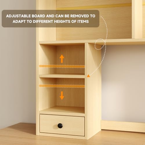 knoworld Desktop Bookshelf for 27" Monitor, 36.4" Tall Dorm Desk Hutch Organizer with 5 Shelves & 1 Drawer, Engineered Wood Desk Shelf for Computer Desk, Natural - Image 7