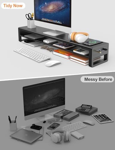 2 Tiers Dual Monitor Stand with Auto Charging Pad, 4 USB 3.0 Hub Ports, Double Monitor Riser, Metal Desk Stand with Storage, Long Screen Raiser for 2 Monitors/PC/Laptop/Computer Space Saver Organizer - Image 6