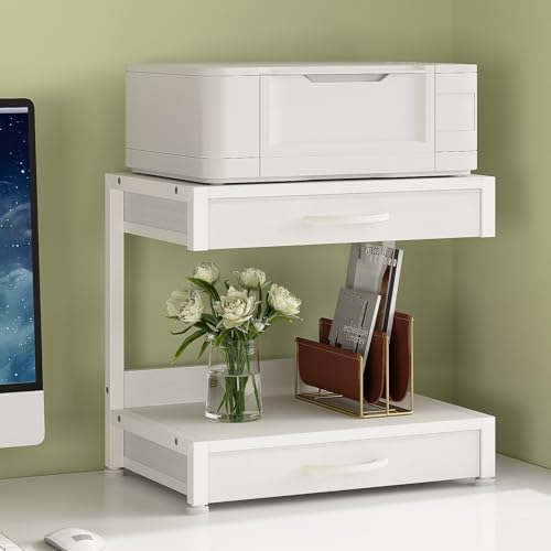 VENNQD 2-Tier Desktop Printer Stand with 2 Fabric Drawers, Prtiner Table with Storage Shelf, Desk Organizer for Home Office,3D Printer,Fax Machine,Scanner (White, 2 Tier) - Image 2