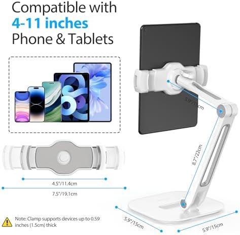 AboveTEK Multi-Angle Adjustable Tablet Stand, 360 Swivel iPad Stand Aluminum Desk Mount Fits 4'-11" Tablets White - Image 3