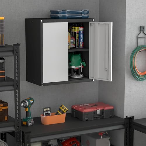 Locking Metal Wall Cabinet, 28" Metal Storage Cabinets with Doors and Shelf, Steel Garage Locker Mounted Small Tool Chest for Home Office, Kitchen, Pantry - Image 2