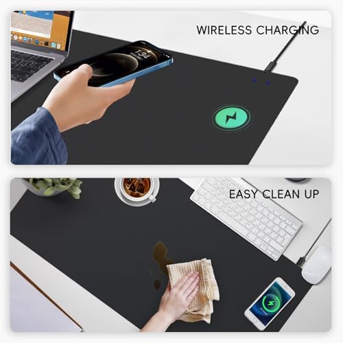 Mouse Pad with Wireless Charging, PU Leather Fast Charging Gaming Mouse Pad, Waterproof Anti-Slip Surface, Easy Clean Office Table Mat, 32L x 16W x 0.15H inches, Black(Right Side Charging Port) - Image 3