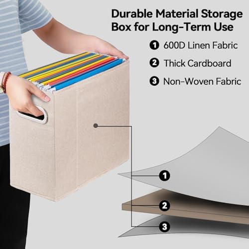 6 Packs Letter Size File Organizer, File Folders Organizer, Fabric Storage Box, Collapsible Paper Organizer with Metal Handle, Smooth PVC Rails, Only Box (Beige) - Image 3