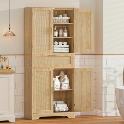 Iwell Tall Storage Cabinet with 2 Adjustable Shelves & Large Drawer, Rattan Cabinet with 4 Doors, Pantry Cabinets for Dining Room, Living Room, Home Office, Natural - Image 5