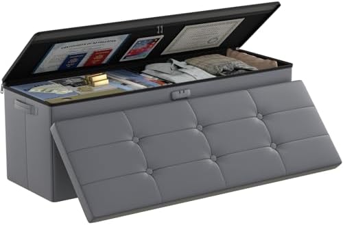 DocSafe Storage Ottoman Bench, Fireproof＆Waterproof Folding Bench with Lock(15”x 43”x15”), Leather Storage Chest with Handles＆2 Extra Boxes, Ottoman Safe for Bedroom,Living Room,Home Office, Gray by DocSafe