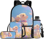 Cartoon Backpack Set of 4 for Girls, Laptop Bags with Portable Lunch Box 4Pcs Sturdy Pencil Case & Cup Sleeve Portable Universal for Preschool Middle School Cute Dog Design by Oamsistay