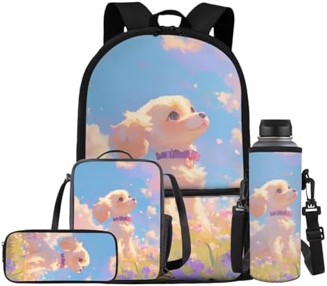 Cartoon Backpack Set of 4 for Girls, Laptop Bags with Portable Lunch Box 4Pcs Sturdy Pencil Case & Cup Sleeve Portable Universal for Preschool Middle School Cute Dog Design by Oamsistay