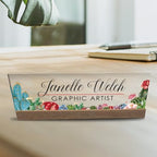 Artblox Personalized Office Desk Name Plate and Business Card Holder | Clear Acrylic Glass with Teak Wood Stand | Cactus Flowers Design Customized with Your Name and Credentials Office Desk Décor - Image 5