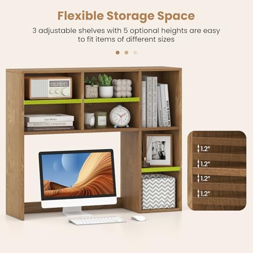 GOFLAME 7 Cubes Desktop Bookshelf, 37” Desk Organizer Shelf with 3 Adjustable Shelves, 3-Tier Wood Countertop Display Rack, Multipurpose Tabletop Desk Hutch for Dorm, Home Office, Natural - Image 5