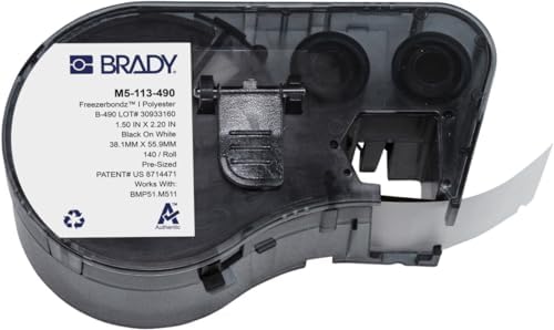 Brady FreezerBondz™ Polyester Pre-Sized Labels for Label Printer BMP51/BMP53/M511-140 Self Adhesive Printer Labels - Black on White (38,10 mm (W) x 55,88 mm (H)) - M5-113-490 by BradyCorp