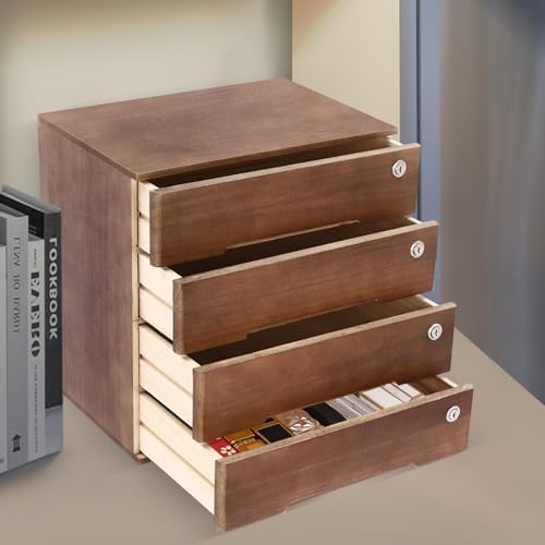 Wooden Desktop Storage Box with Lockable Drawers, Office Supplies Receipt File Organizer, Flat File Cabinet (Walnut) - Image 2