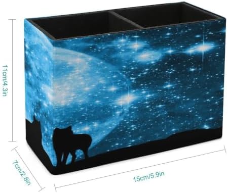 PU Leather Multi-Compartment Pen Holder Desktop Organizer Pencil Cup Storage Caddy for Office Home Supplies Wolves Pack in Silhouette Against Blue Starred Sky Full Moon - Image 2