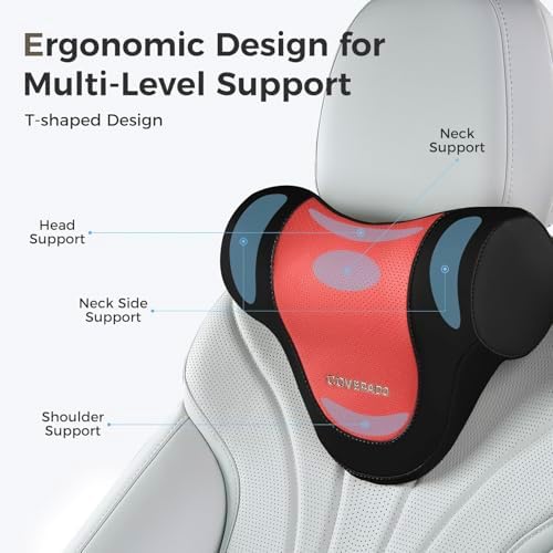 Coverado Car Headrest Pillow, Ergonomic Memory Foam Car Neck Pillow for Driving Seat with Adjustable Strap, Soft PU Leather Breathable Removable Cover Neck Support for Neck Pain Relief, BlackRed - Image 2