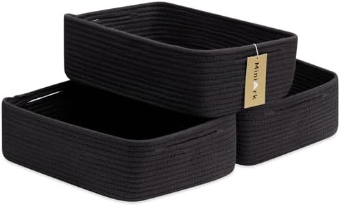 MiniArk Large Shallow Organizing Baskets 15x11x5.1 Inches - Rope Woven Storage Bins for Bathroom, Shelves, Cube Closet, Black 3 Packs by MiniArkStorageBasketsHome