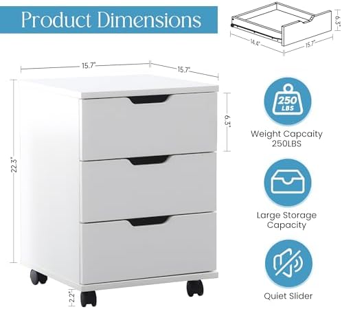 Farini 3-Drawer Under Desk Wooden File Cabinet with Lockable Caster Storage Cabinets for Home Office,White,Required Assembly - Image 2