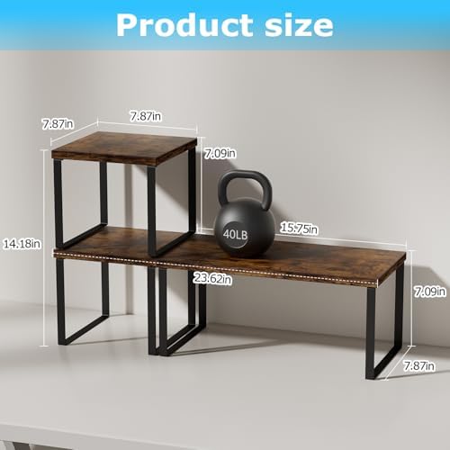 Aothia Wood Desktop Shelf for Top of Desk - 2-Tier Adjustable Bookshelf Organizer, Freestanding Stackable Shelves for Office, Home, Kitchen Counter (Rustic Brown) - Image 2