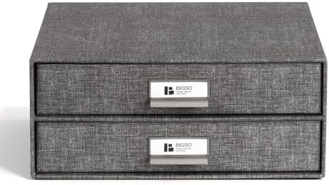 Bigso Birger 2-Drawer Canvas Fiberboard Easy Pull Handle Box - Desktop Drawers for A4 and Letter Size Papers - Desk Drawers with Metal Label Holder - 13.1in x 10in x 5.7in - Melange Grey by Bigso