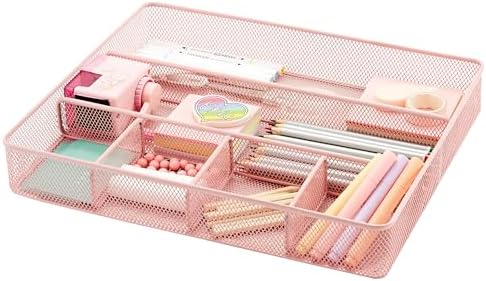 Annova Desk Top Organizer Tray for Office Organization - Metal Mesh - Storage Tray with Dividers for Pens, Desktop Accessories, Bathroom, Kitchen, Makeup and Office Supplies (Large, Light Pink) by LivingNecessities