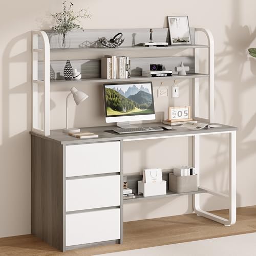 MaverickFurni 55 Inch Computer Desk with Hutch and 3 Drawers, Gray - Image 3