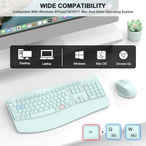 Wireless Keyboard and Mouse Combo, 2.4G Ergonomic Wave Key(Mint Green) - Image 7