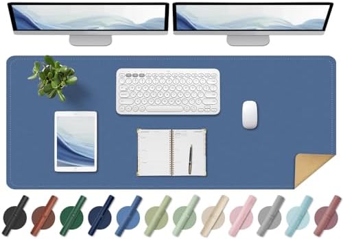 BLESWIN Large Desk Pad, 47.2'' x 23.6'', Office Desk Mat, Computer Mat for Desk, Leather Desk Pad Protector, Sewing Desk Blotter, Desktop Writing Pad for Office/Home/Decor Lake Blue by BLESWIN