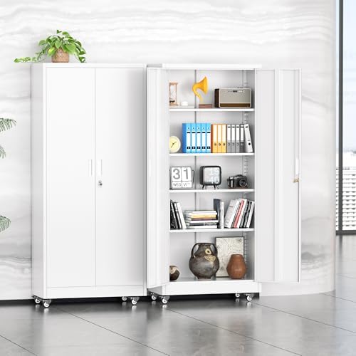 INTERGREAT Metal Garage Storage Cabinet with Wheels, Rolling Storage Cabinet with Locking Doors and 4 Adjustable Shelves,- 73" Steel Tool Cabinet for Home Office,Garage,Warehouse，White - Image 2