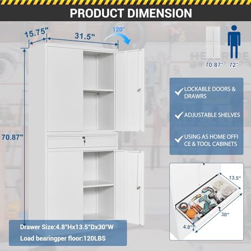Fesbos 71" Metal Cabinet-White Heavy Duty Storage File Cabinet Steel Tool Cabinets with Shelves, Lockable Doors and Drawers- for Garage, Pantry, Warehouse - Assembly Required - Image 2