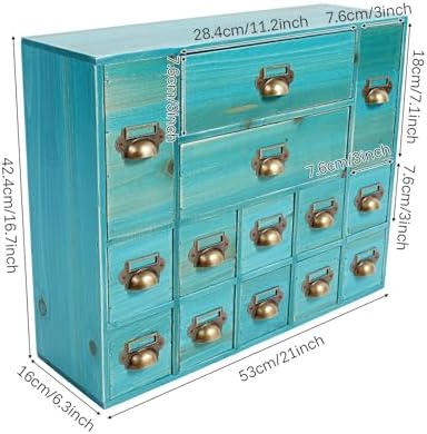 14 Drawers Apothecary Drawers Card Catalog Cabinet,Wooden Storage Box with Drawers,Library Card Catalog Cabinet for Desktop Organizer,Blue - Image 2