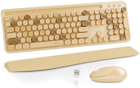 UBOTIE Wireless Keyboard and Mouse Combo, Phone Holder (Milk-Tea) by UBOTIE