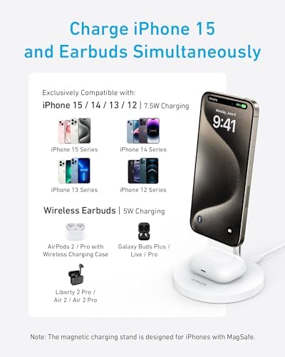 Anker iPhone 16 Wireless Charging Stand, PowerWave 2-in-1 Magnetic Stand Lite with USB-C Cable, for iPhone 16/15/14/13 Series, AirPods (No AC Adapter) (White) - Image 3