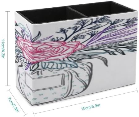 PU Leather Multi-Compartment Pen Holder Desktop Organizer Pencil Cup Storage Caddy for Office Home Supplies Hand Drawn Vector Illustration Fashion Bouquet of Flowers Leaves And Blossom Floral Design - Image 2