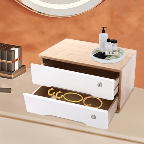 Wooden Desktop Storage Box with Lockable Drawers, Flat File Cabinet Drawer Desktop Storage Box, Countertop Storage Cabinet for Office Home Toiletries Supplies Vanity (natural wood+white, 2 Drawer) - Image 2