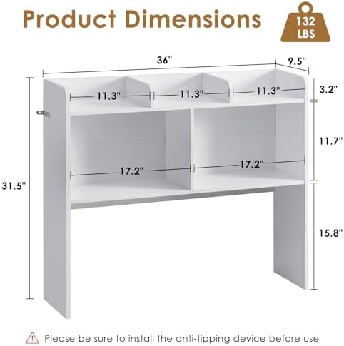 Nromant Desktop Bookshelf, Wooden Desk Storage Hutch with 5 Shelves, 3-Tier Desktop Display Organizer Rack for Office Home (White, 5 Shelves B) - Image 3
