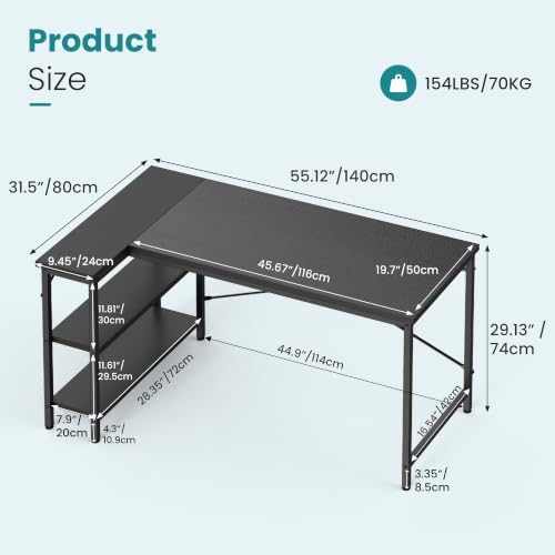OLIXIS 55 Inch L Shaped Desk, Corner Computer Gaming Desks with Shelves - Image 3
