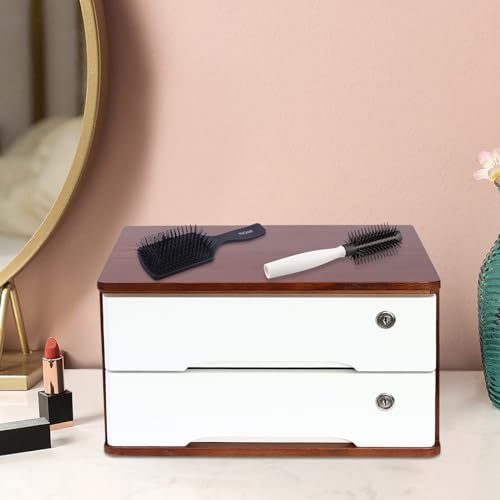 Wooden Desk Organizer with Lockable Drawers, 2-Tier Countertop Storage Cabinet File Cabinet Jewelry Organizer Home Office Supplies Organization Unit (Walnut&White-2 Lock) - Image 4