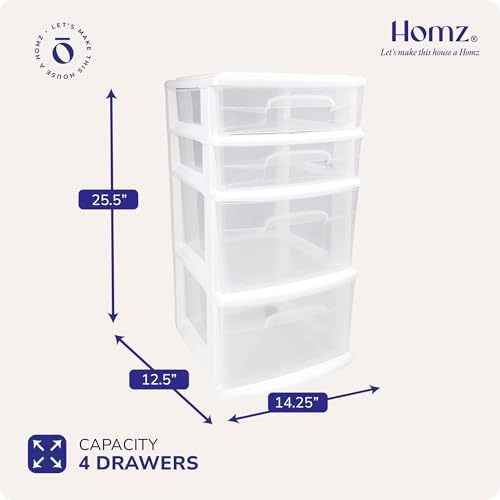HOMZ Drawer Tower, 4-Tier Storage Cart with Removable Wheels, White Frame - Image 3