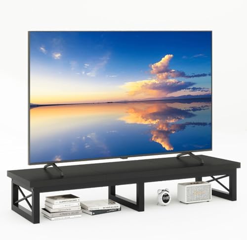IBUYKE 45" Large TV Riser for 32-60 inch TV,Tabletop Short TV Stand with Storage and Steel Legs,Dual Screen Office Desk,Stand Riser,TV Riser Stand for Home,Bedroom,Living Room,Black TVT002B by IBUYKE