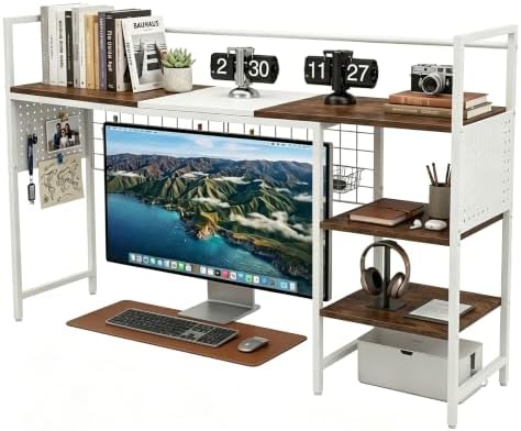 Desk Shelf Organizer with Pegboard & Hooks, Desk Hutch for Computer Monitor, Multi-Tier Wood Desktop Bookshelf Display Rack for Home Office Dorm Room (Simple White, 38.6‘’) by ZHUJERRY