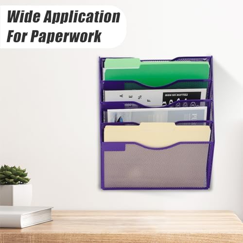 EASEPRES 5 Pocket Mesh Hanging Wall File Organizer, Wall Mounted Mail Paper Document Folder Holder, Clipboard Storage Organization Magazine Rack with Nametag Label for Office Home School, Purple - Image 6
